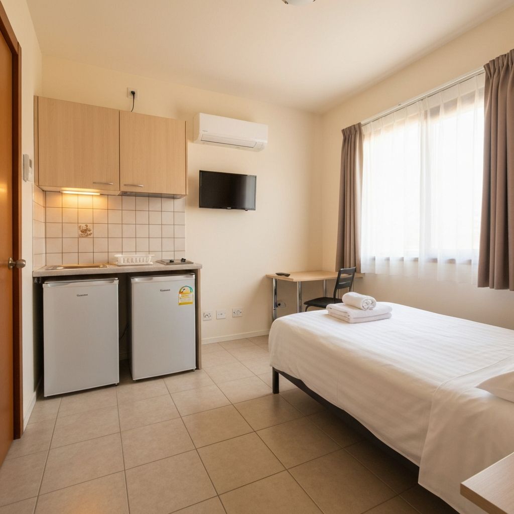 Clean and comfortable room interior at Eastend Lodge with kitchenette, bed, and TV