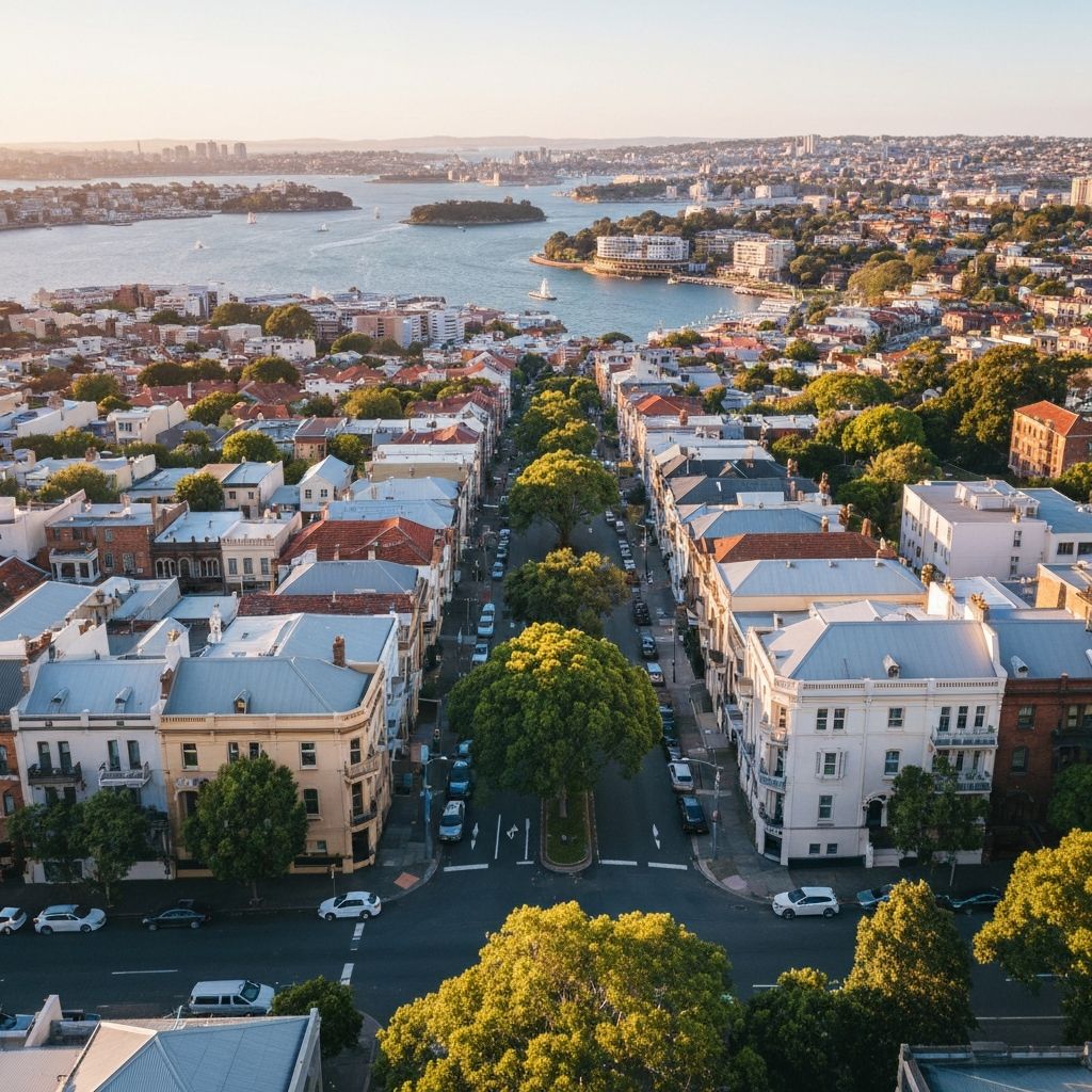 Aerial view of Potts Point, Sydney, showing heritage terrace houses and Sydney Harbour in the background
